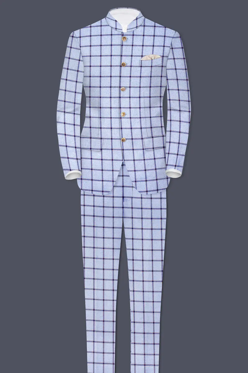 Spun Pearl Gray Checkered Bandhgala Blazer 8