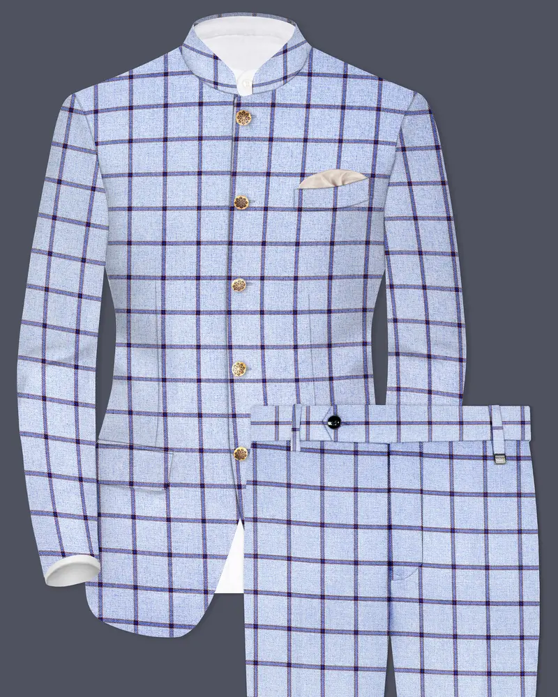 Spun Pearl Gray Checkered Bandhgala Suit 1