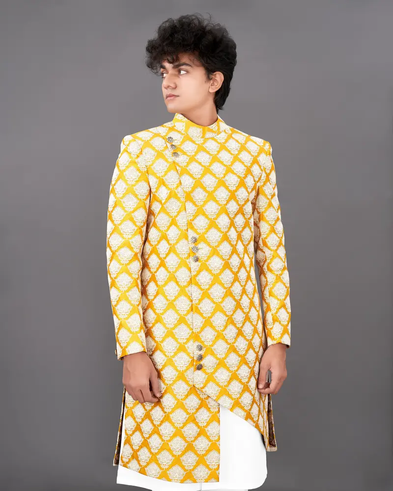 Squash Yellow And White And Sequence Embroidered Sherwani With Kurta And Pants Set 1