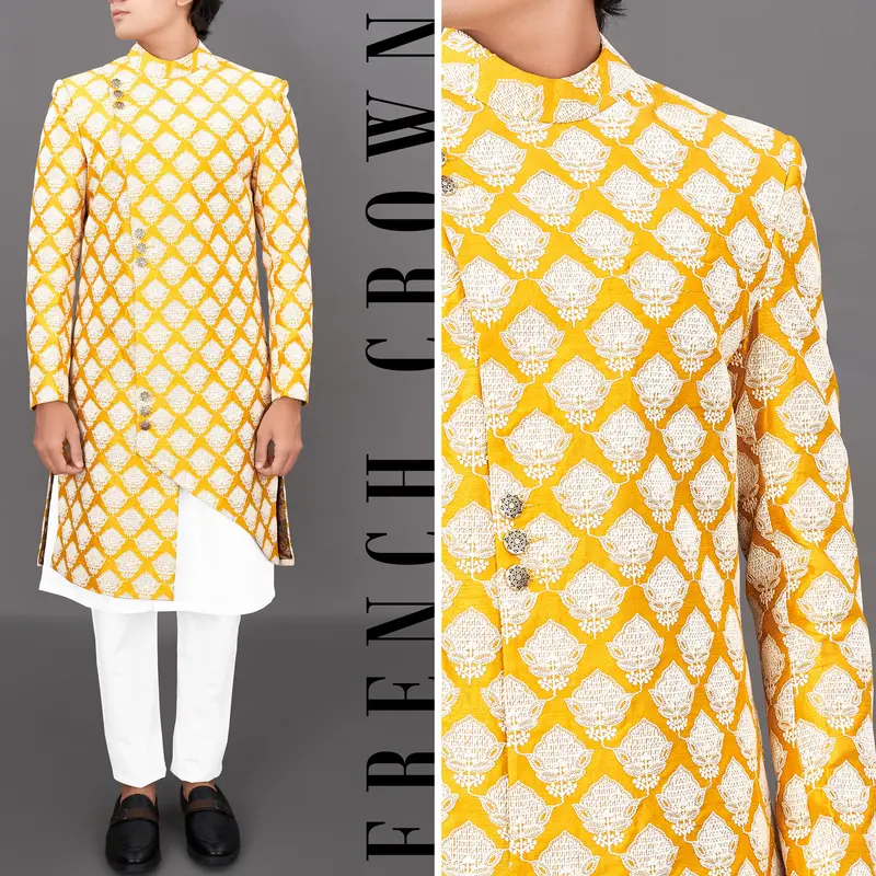 Squash Yellow And White And Sequence Embroidered Sherwani With Kurta And Pants Set 1