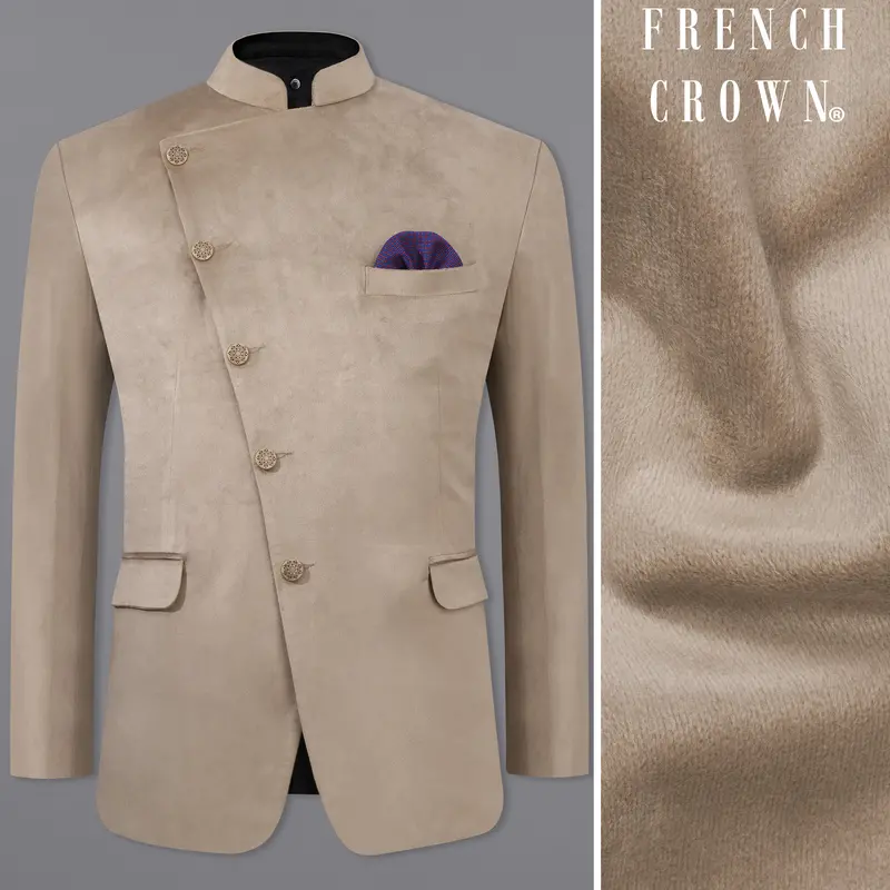 Squirrel Brown Cross Placket Bandhgala Velvet Blazer 1