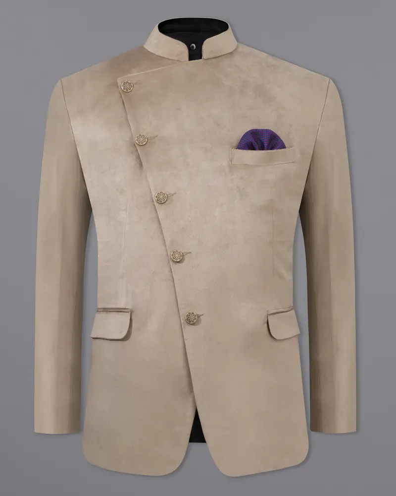 Squirrel Brown Cross Placket Bandhgala Velvet Blazer 2