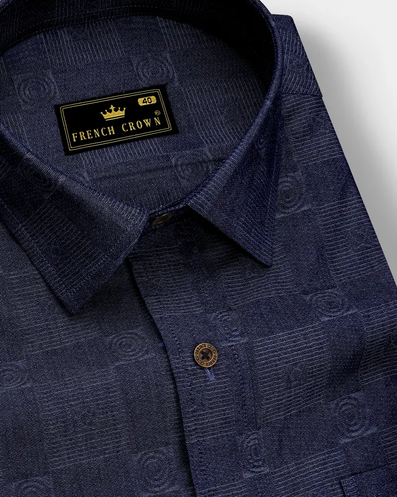 Squivra-Mirage Denim Blue Square And Circular Motifs Textured Super Soft Premium Cotton Casual Shirt 1