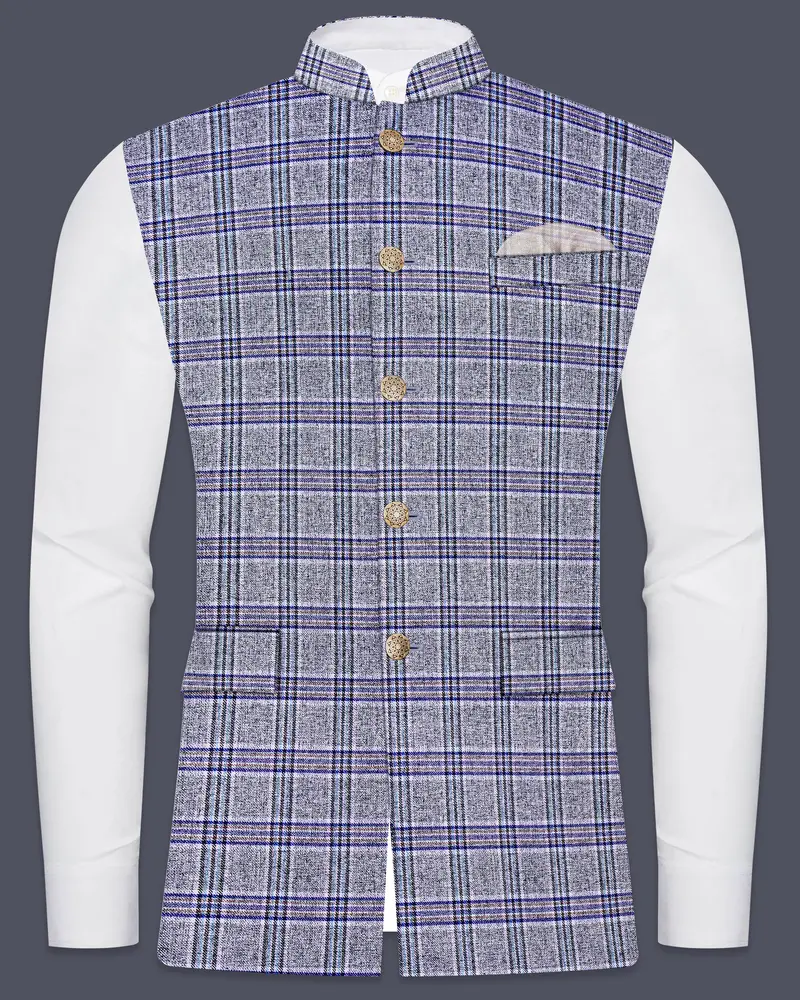 Stardust Gray With Martinique Blue Plaid Bandhgala Nehru Jacket 1