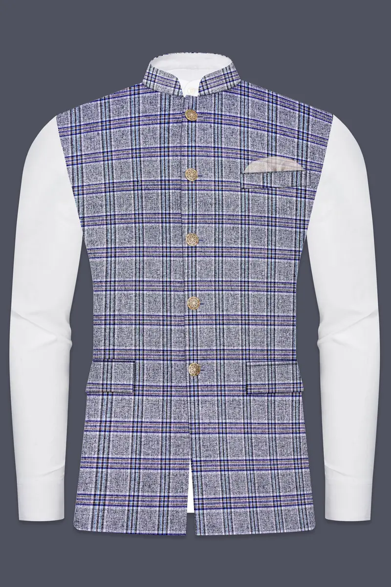 Stardust Gray With Martinique Blue Plaid Bandhgala Nehru Jacket 2