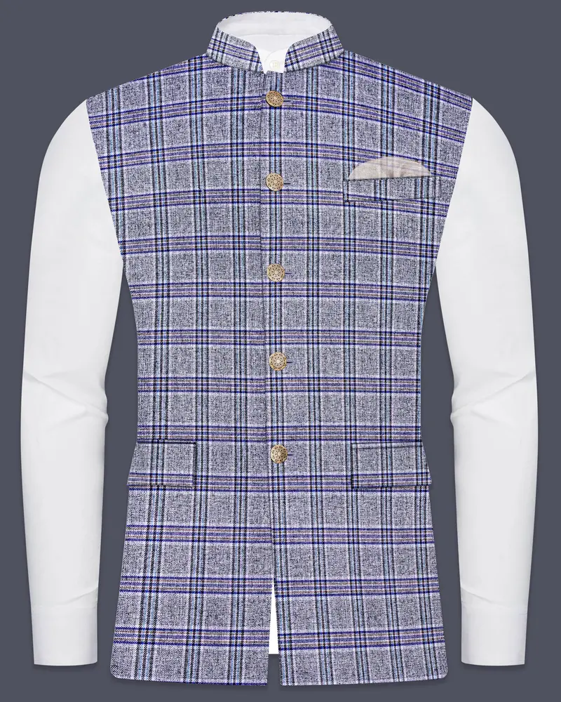 Stardust Gray With Martinique Blue Plaid Bandhgala Nehru Jacket 6