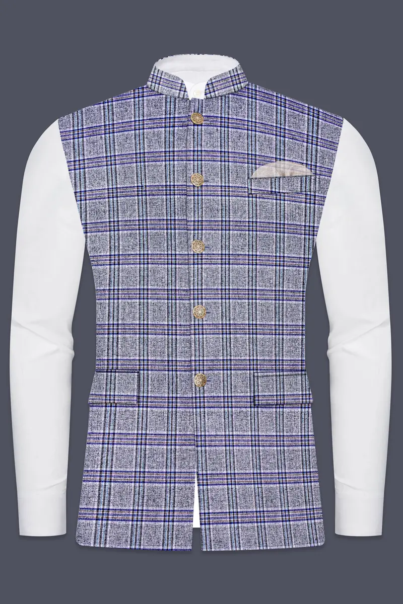 Stardust Gray With Martinique Blue Plaid Bandhgala Nehru Jacket 7