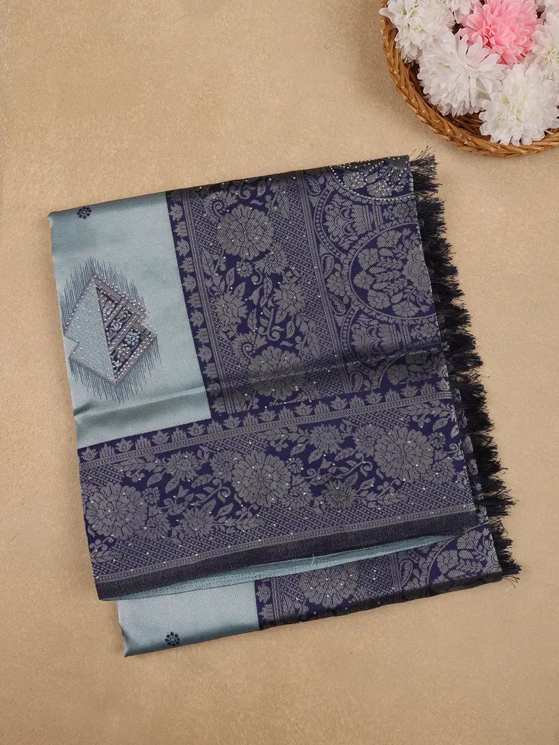 Steel Blue Floral Designed Soft Silk Saree 1