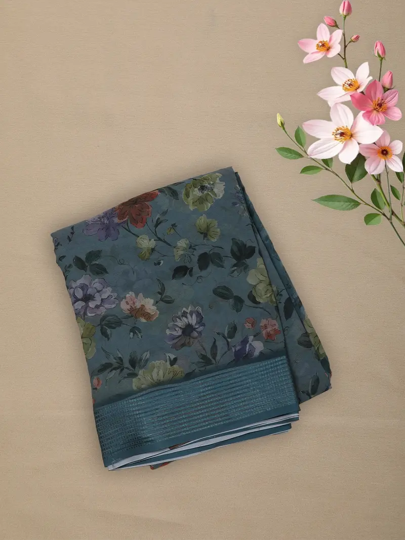 Steel Blue Floral Printed Chiffon Saree With Self Woven Border 1