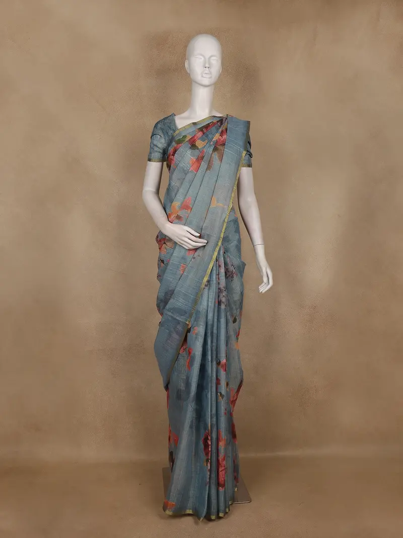 Steel Blue Floral Printed Cotton Saree With Subtle Golden Zari Border 1
