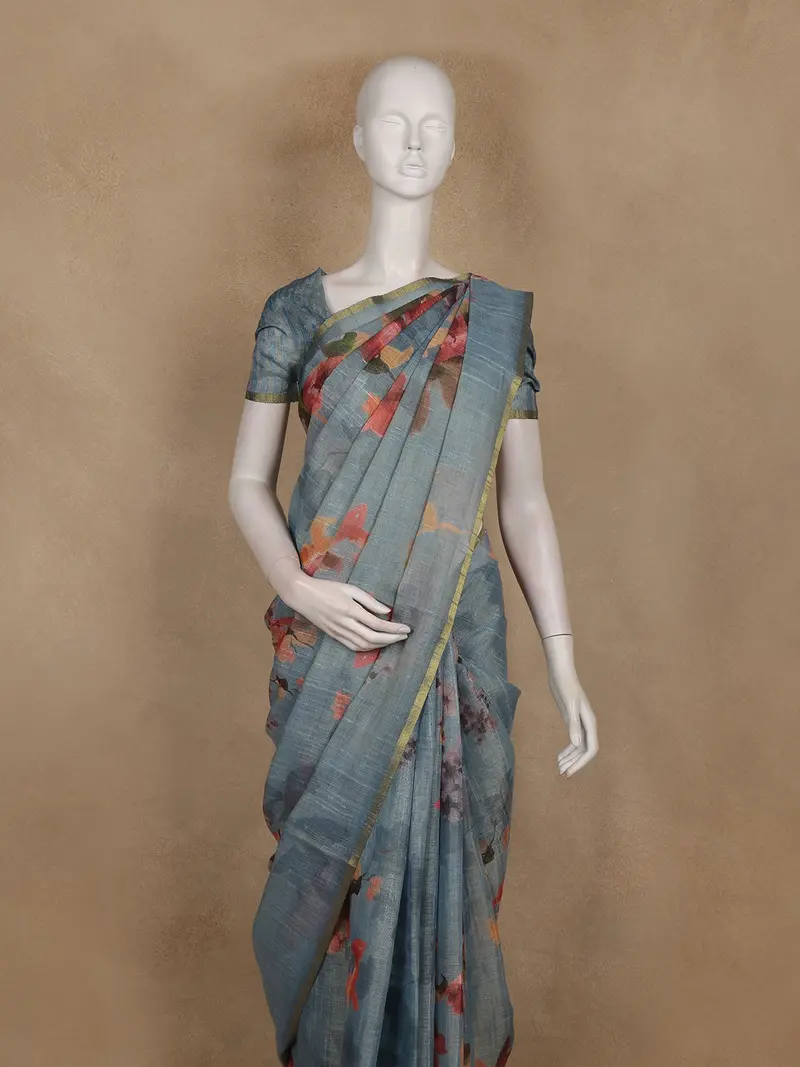 Steel Blue Floral Printed Cotton Saree With Subtle Golden Zari Border 2