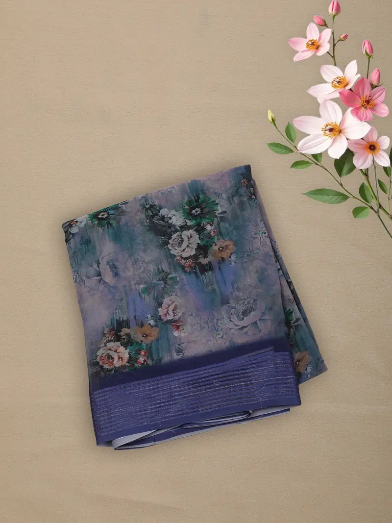 Steel Blue Floral Printed Design Chiffon Saree 1