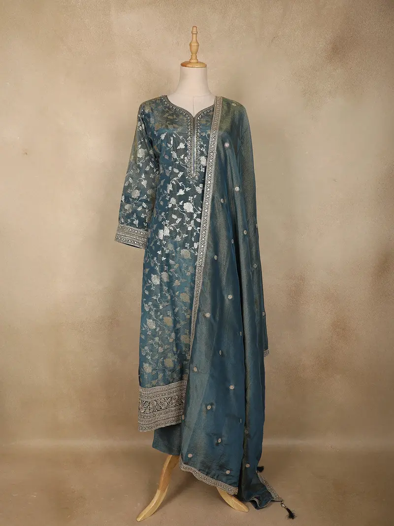 Steel Blue Floral Zari Woven Design Banarasi Silk Anarkali Salwar Suit 1