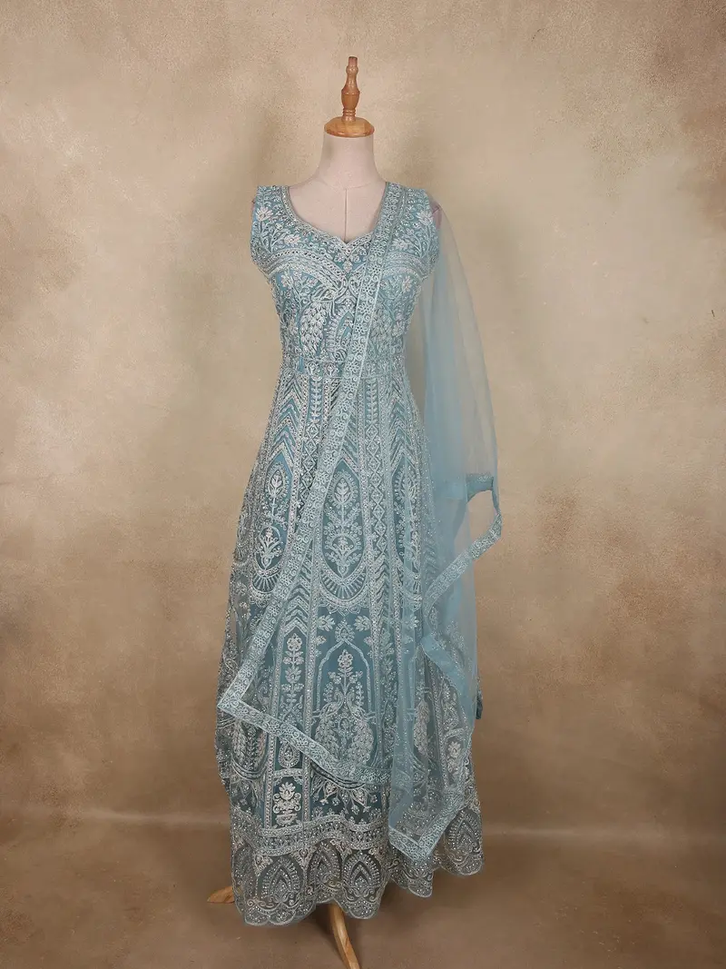 Steel Blue Heavy Sequins And Beads Embroidered Design Net Gown With Dupatta 1