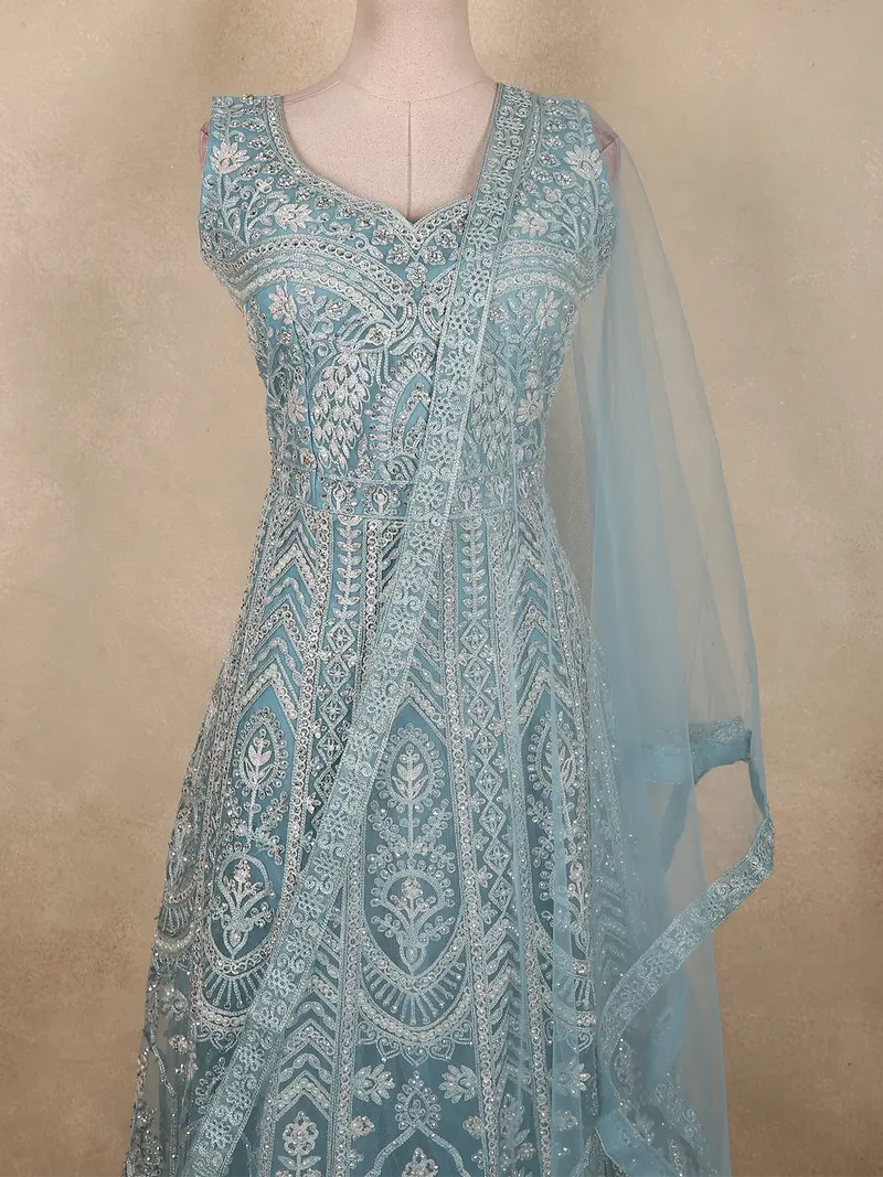 Steel Blue Heavy Sequins And Beads Embroidered Design Net Gown With Dupatta 2