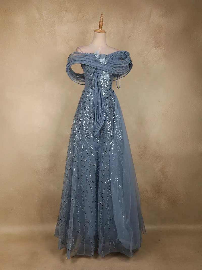 Steel Blue Heavy Sequins Embroidered Design Off-Shoulder Net Party Wear Gown 1