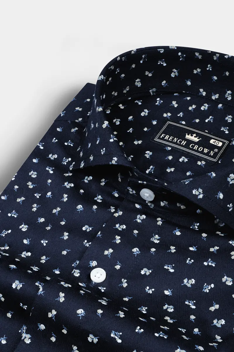 Steel Blue Micro Flower Printed Super Soft Premium Cotton Shirt 1