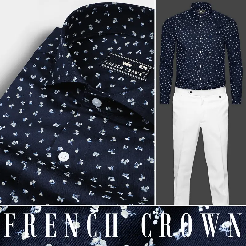 Steel Blue Micro Flower Printed Super Soft Premium Cotton Shirt 10