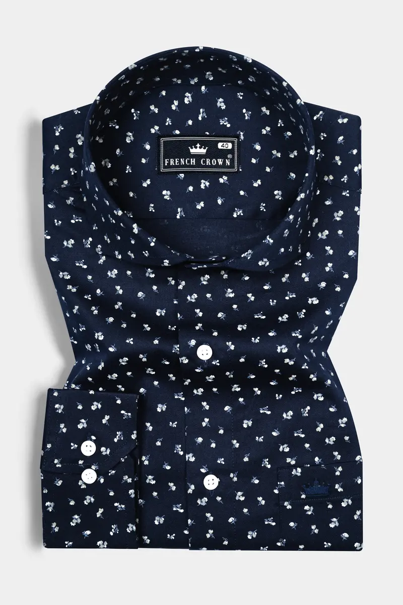 Steel Blue Micro Flower Printed Super Soft Premium Cotton Shirt 3