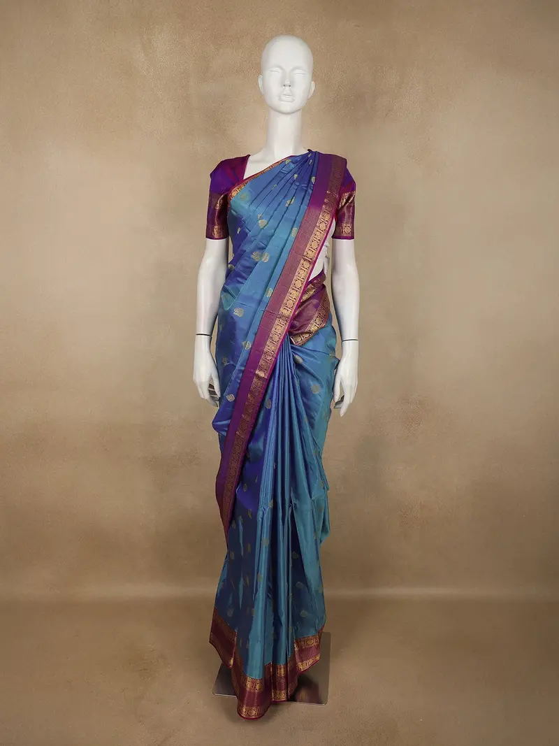 Steel Blue Peacock Butta Woven Design Kanchipuram Silk Saree With Contrast Zari Border 1