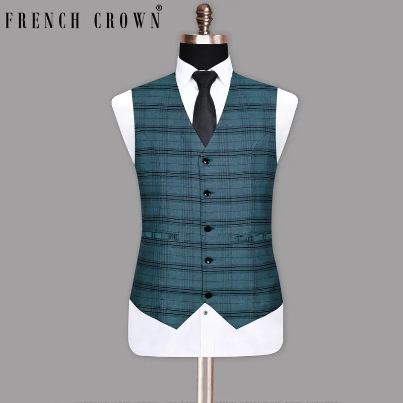 Steel Blue Plaid Twill Wool Blend  Waistcoat 1