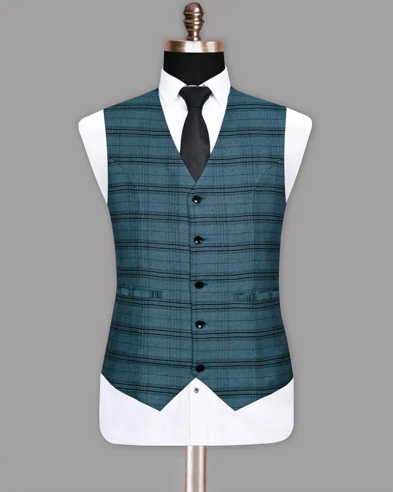 Steel Blue Plaid Twill Wool Blend Waistcoat 2