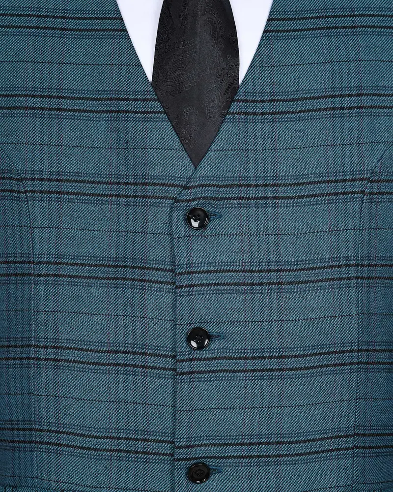 Steel Blue Plaid Twill Wool Blend Waistcoat 4