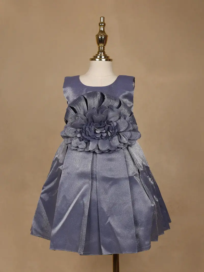 Steel Blue Satin Party Frock With Oversized 3D Flower Embellishment 1