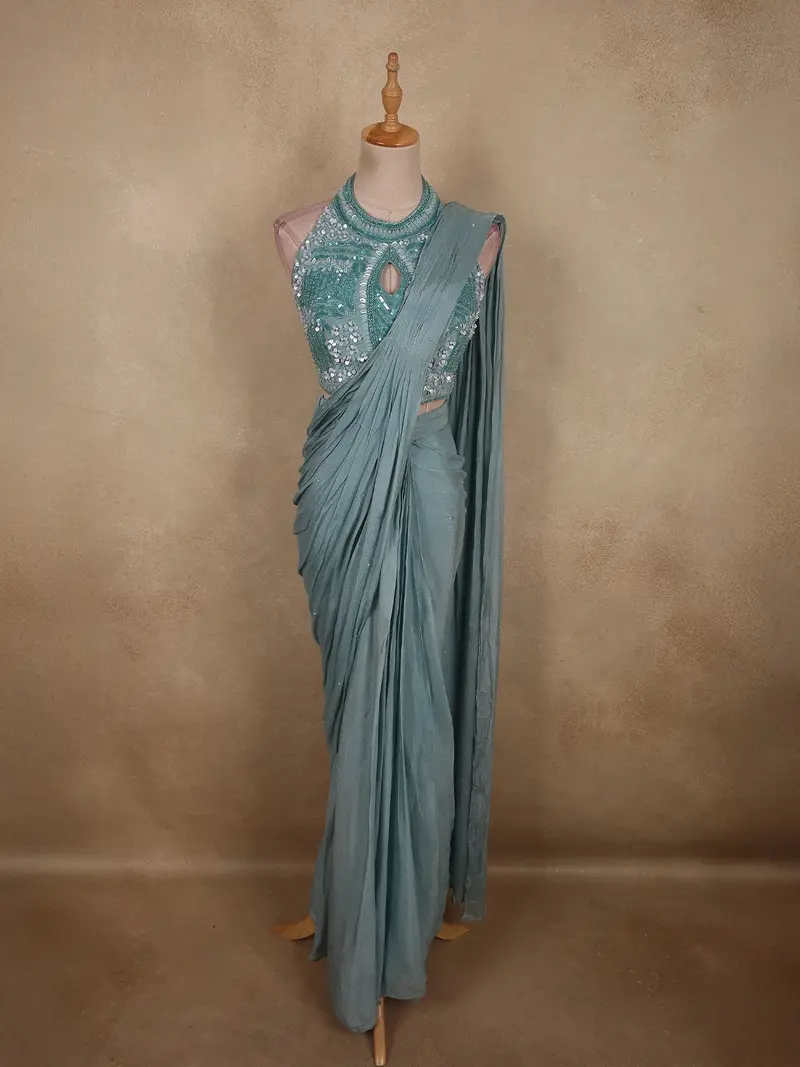 Steel Blue Solid Design Georgette Ready To Wear Saree With Designer Blouse 1