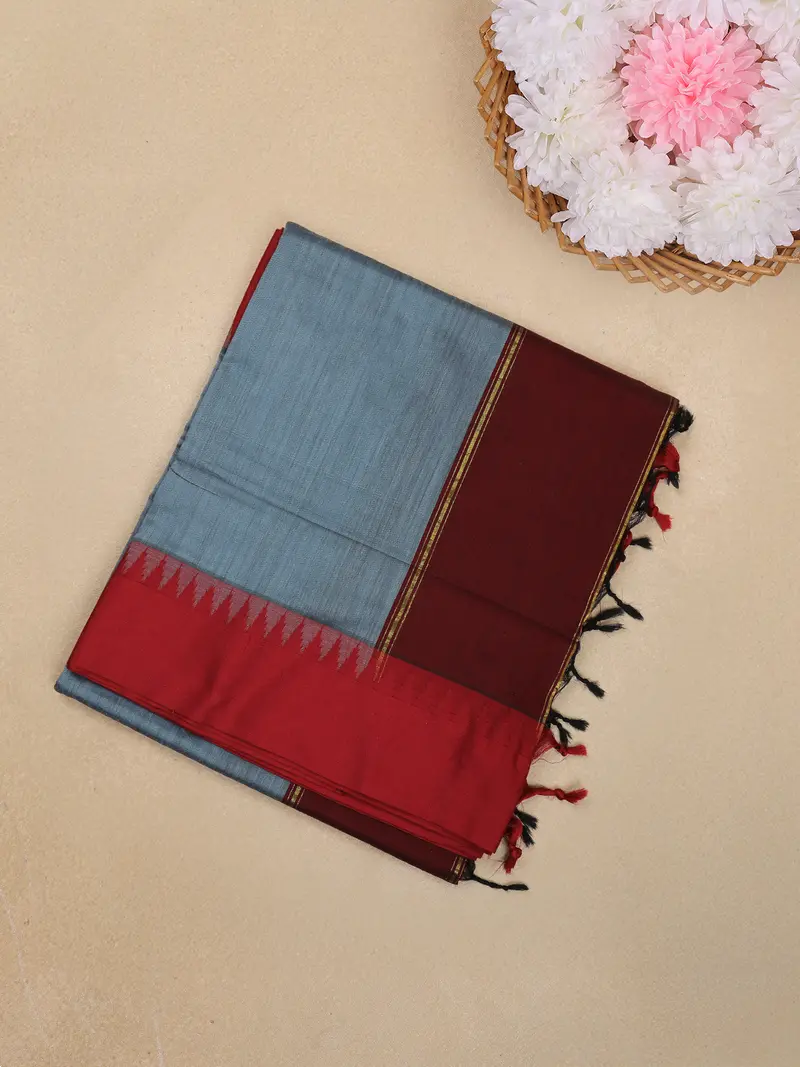 Steel Blue Solid Design Kalyani Cotton Saree With Contrast Temple Border 1