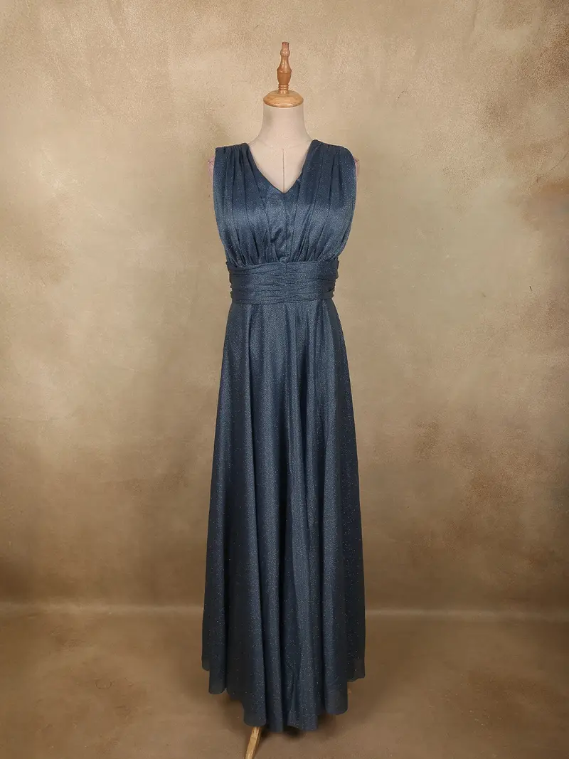 Steel Blue Solid Design Shimmer Pleated Party Wear Gown 1