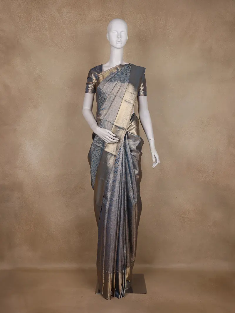 Steel Blue Zari Woven Design Pure Tissue Silk Saree With Rich Zari Border 1
