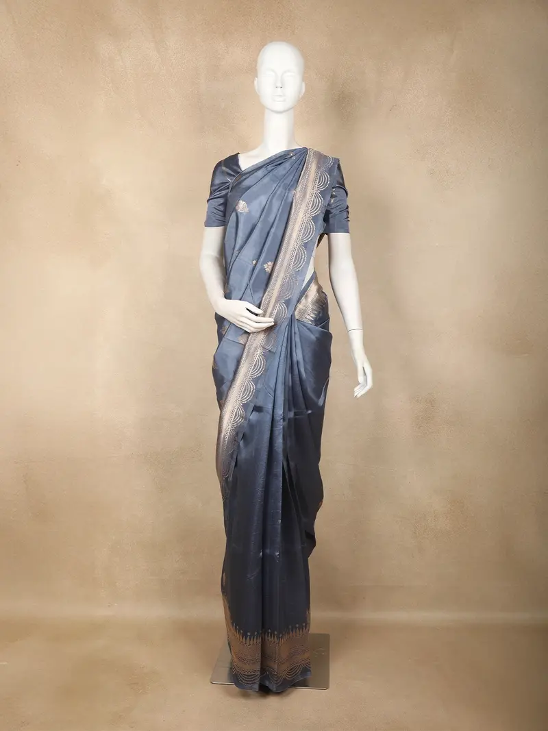 Steel Grey Butta Zari Woven Design Pure Banarasi Saree With Silver Zari Border 1