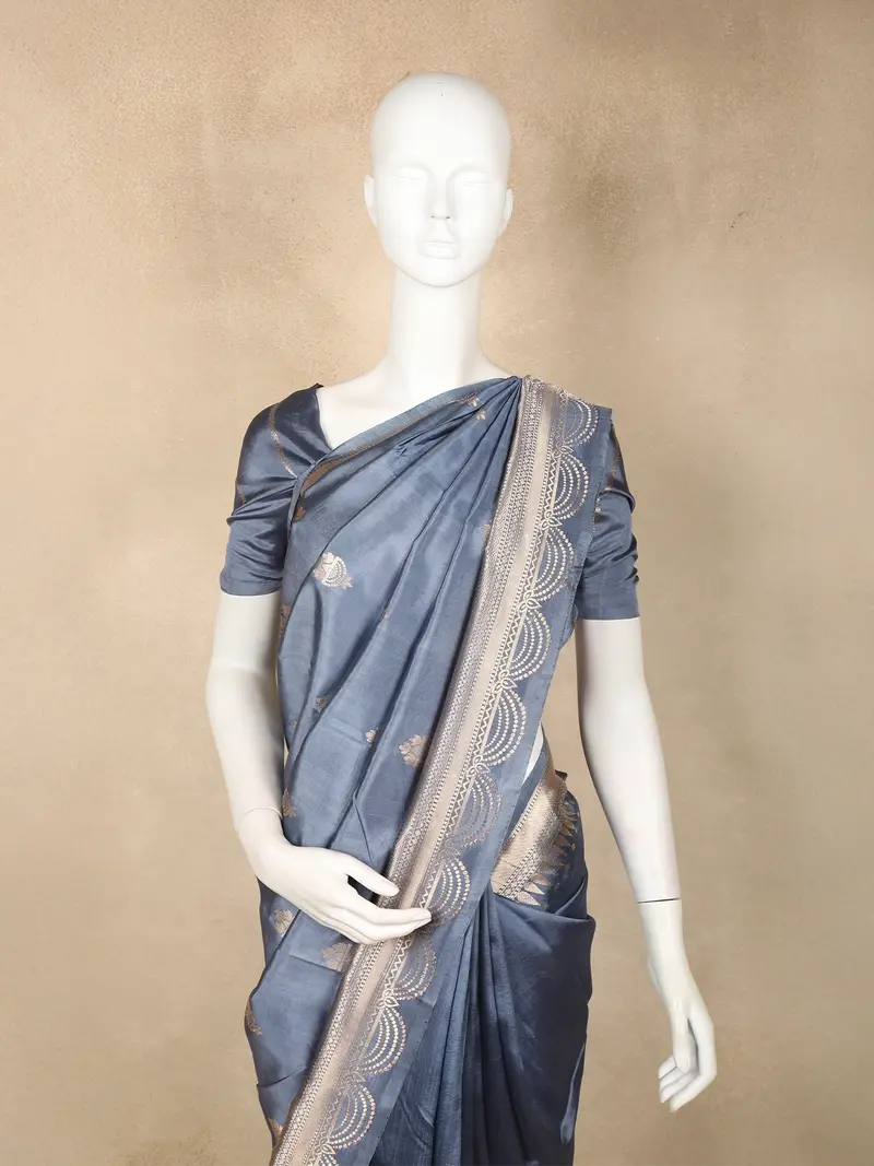 Steel Grey Butta Zari Woven Design Pure Banarasi Saree With Silver Zari Border 2