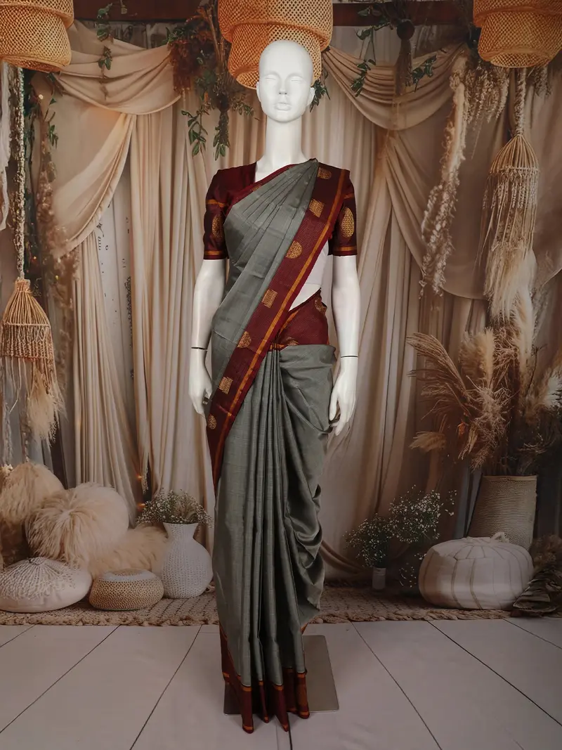 Steel Grey Butta Zari Woven Design Pure Kanchipuram Silk Saree With Contrast Border 1