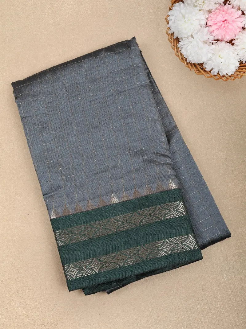 Steel Grey Checked Design Soft Silk Fancy Wear Saree With Contrast Zari Border 1