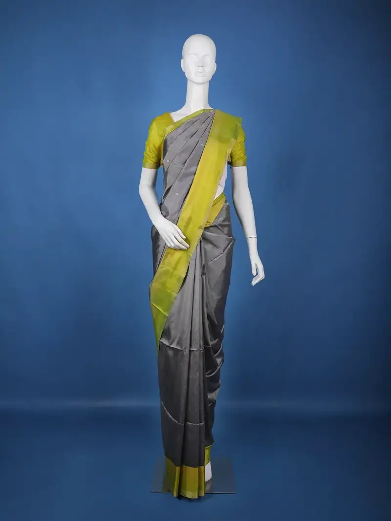 Steel Grey Diamond Motifs Zari Woven Soft Silk Saree 1