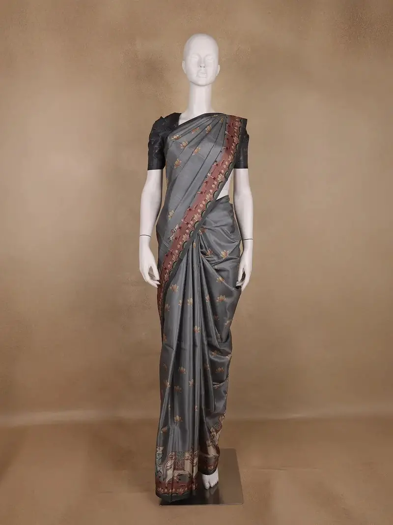 Steel Grey Floral Design Tussar Silk Saree 1