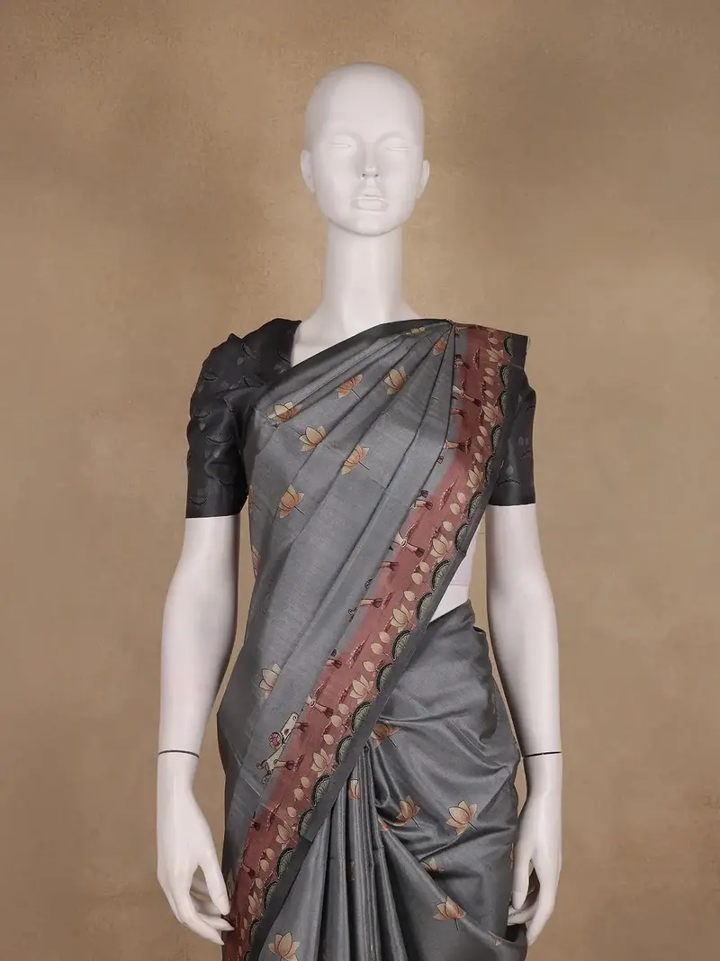 Steel Grey Floral Design Tussar Silk Saree 2