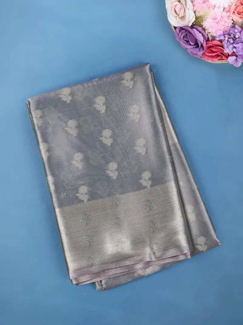 Steel Grey Floral Design Woven Tissue Silk Saree 1