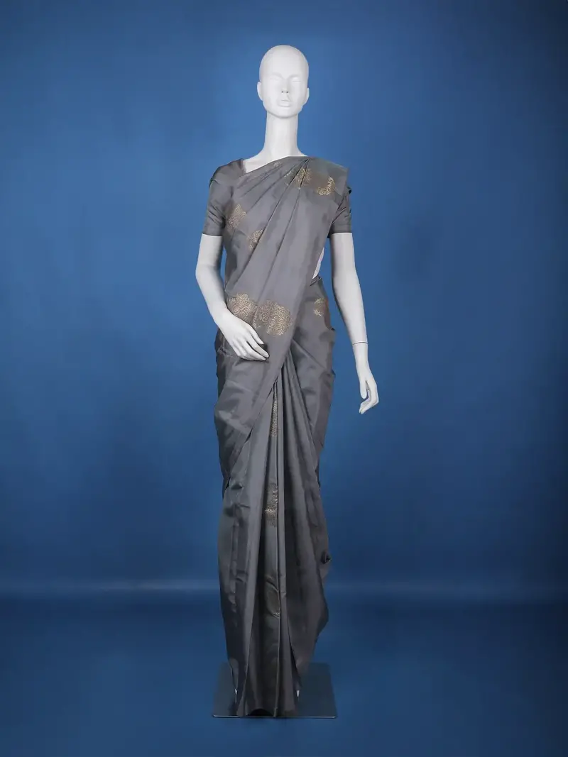 Steel Grey Floral Design Zari Woven Soft Silk Saree 1