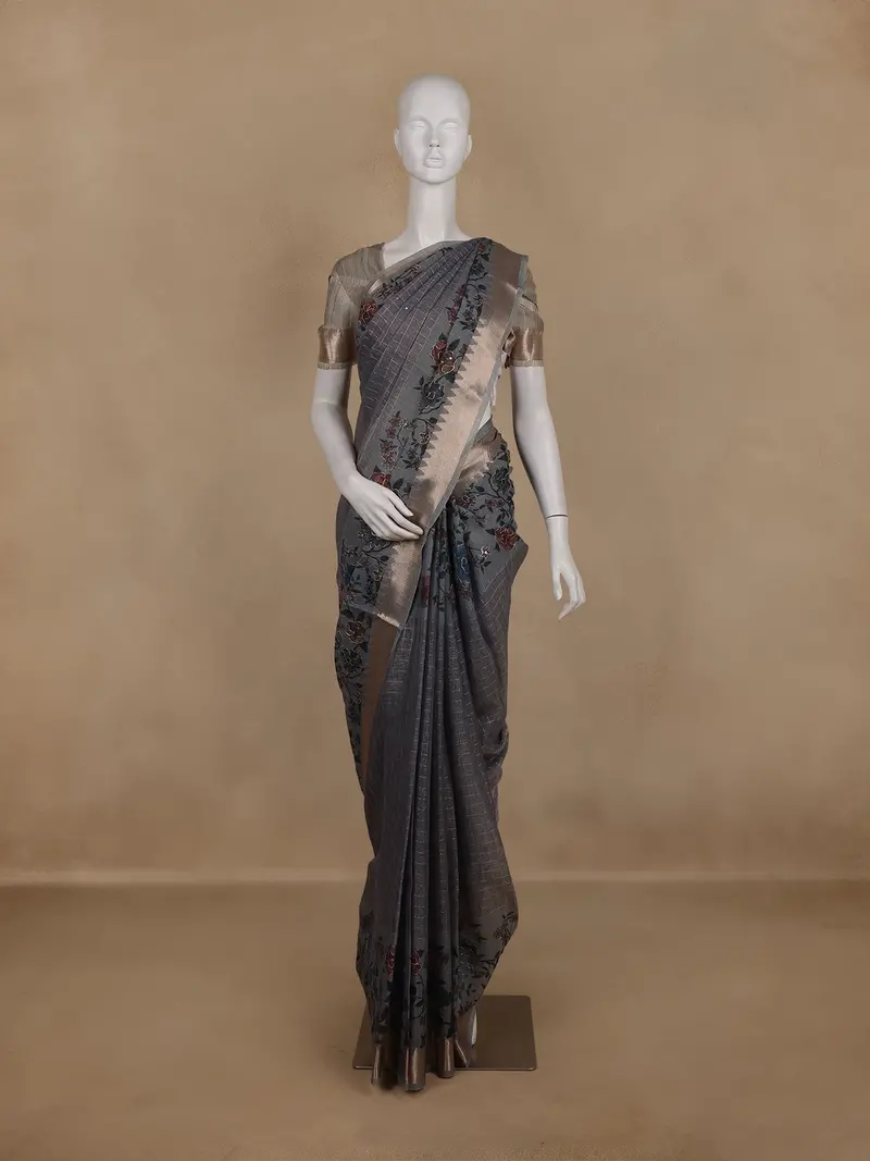 Steel Grey Floral Printed Design Tussar Silk Saree 1