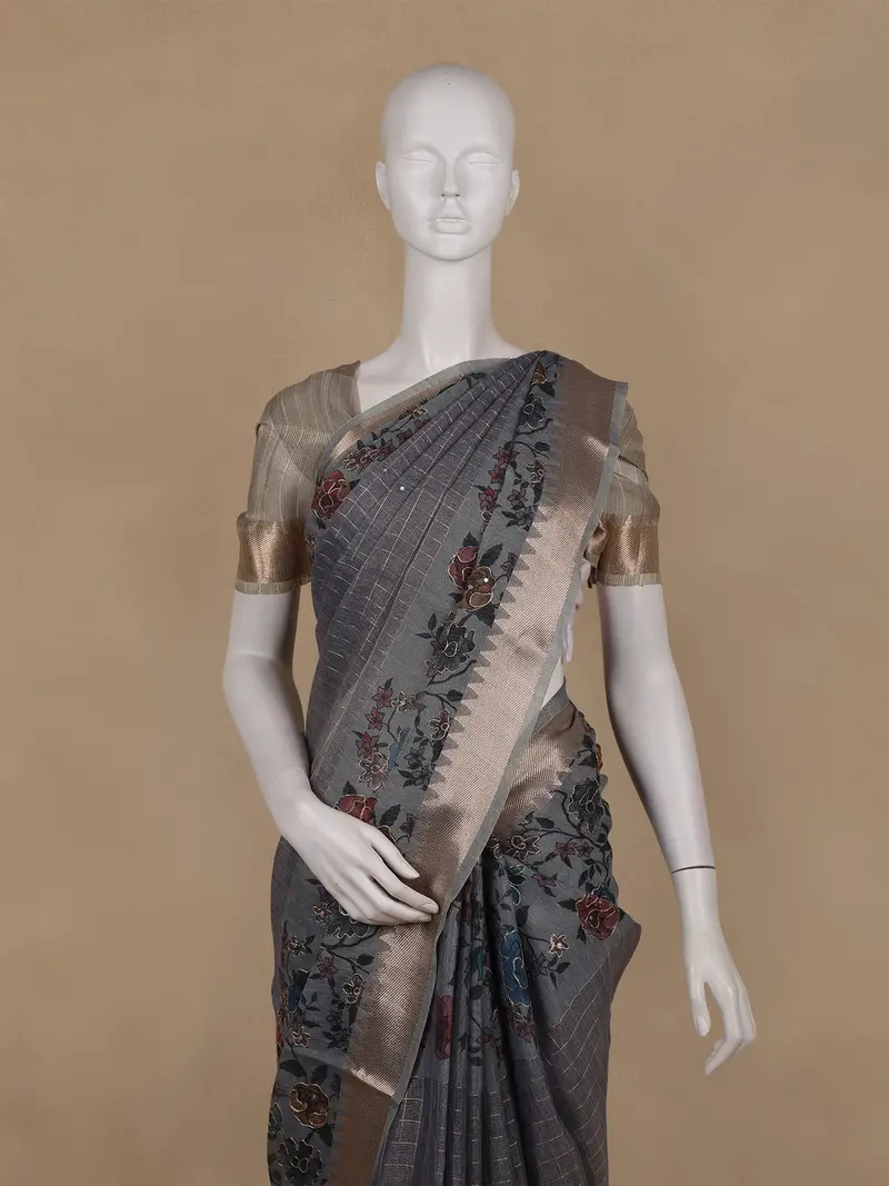 Steel Grey Floral Printed Design Tussar Silk Saree 2