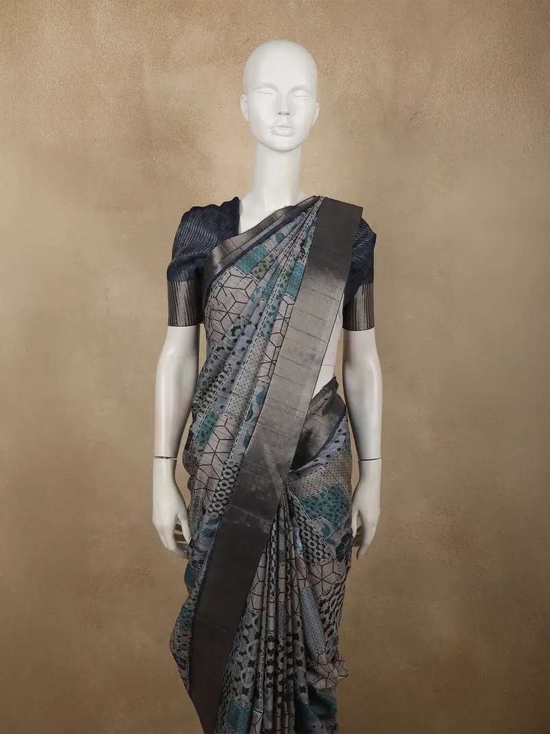 Steel Grey Geometric Printed Design Tussar Silk Saree 1