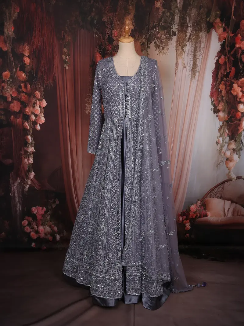 Steel Grey Heavy Sequins And Thread Embellished Design Net Engagement Gown With Net Dupatta 1