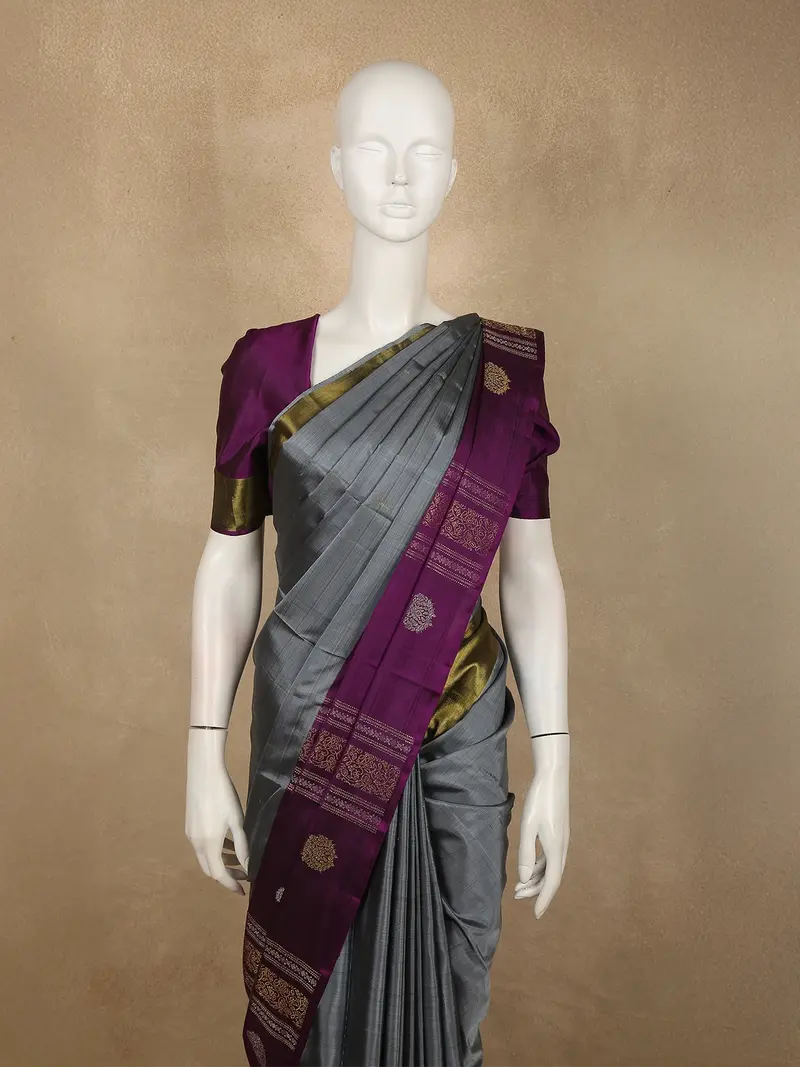Steel Silver Grey Butta Zari Woven Design Pure Kanchipuram Silk Saree With Contrast Traditional Zari Border 2