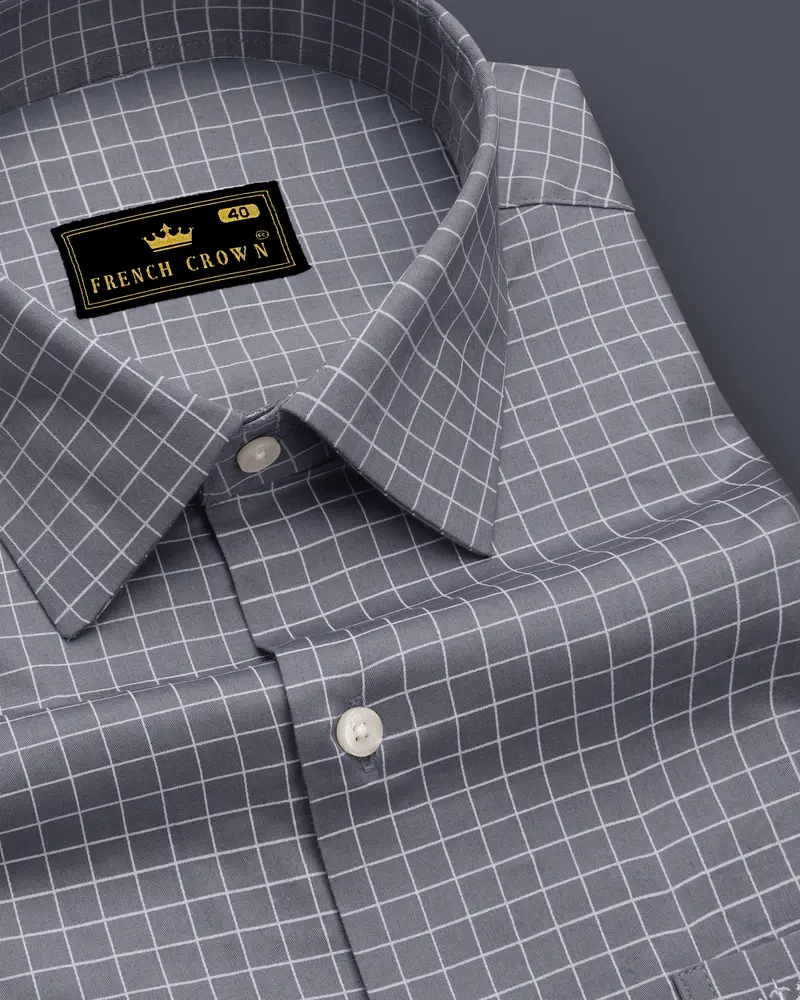 Sterling-Mobster Gray And Bright White Plaid Subtle Sheen Super Soft Premium Cotton Dress Shirt 1