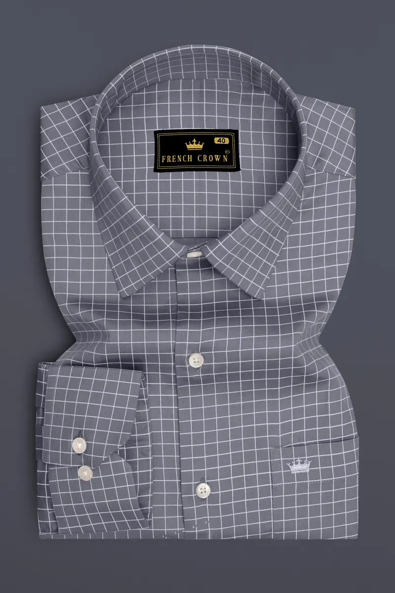 Sterling-Mobster Gray And Bright White Plaid Subtle Sheen Super Soft Premium Cotton Dress Shirt 4
