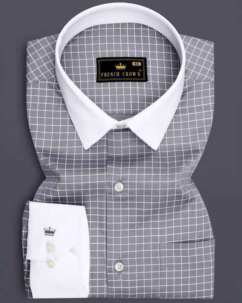Sterling-Mobster Gray And Bright White Plaid Subtle Sheen Super Soft Premium Cotton Dress White Cuff Collar Shirt 1