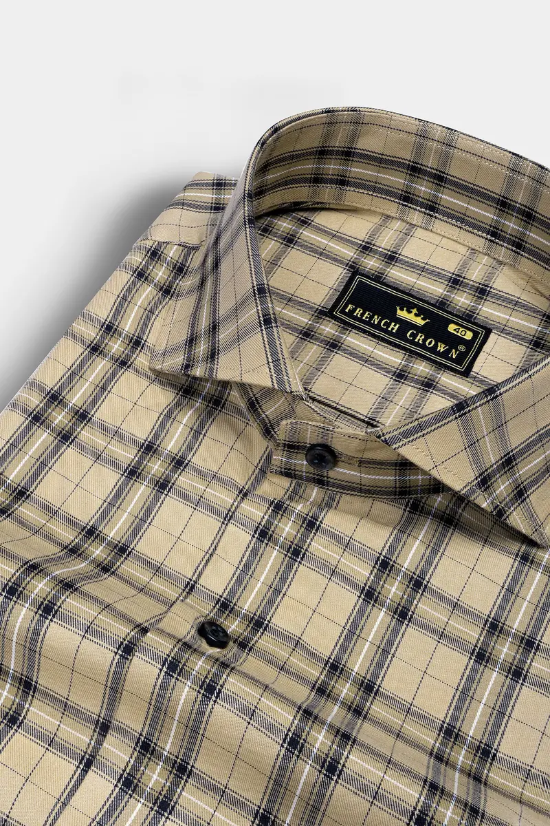 Stone Brown And Tealish Black Twill Checked  Premium Cotton Shirt 1
